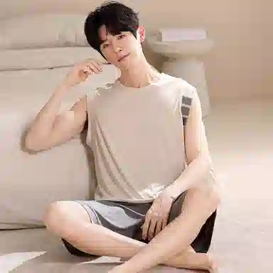 莫代尔 轻盈透气耐磨耐穿圆领休闲简约时尚舒适柔软细腻无袖五分裤睡衣套装 男款 卡其色