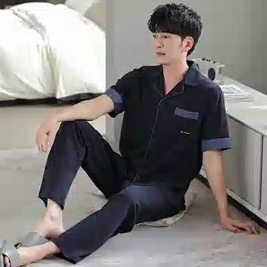 莫代尔 柔软舒适透气亲肤耐磨微弹吸汗开衫翻领短袖松紧裤腰不勒腹长裤可居家休闲可外穿睡衣套装 男款 黑色