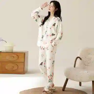 莫代尔 柔软透气吸湿排汗轻盈微弹亲肤耐磨舒适长袖长裤居家休闲可外穿睡衣套装 女款 杏色