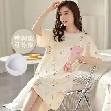 莫代尔 舒适微弹柔软亲肤细腻透气耐磨自带可拆卸胸垫防凸点可居家休闲可外穿短袖睡裙 女款 杏色