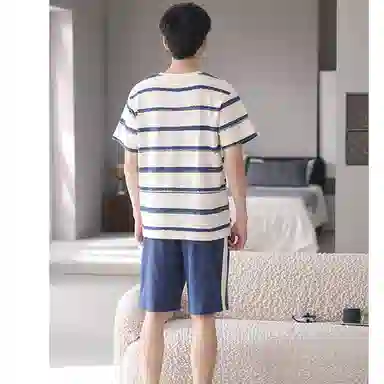 莫代尔 薄款韩版卡通条纹短袖五分裤家居服可外穿睡衣套装 男款 杏色