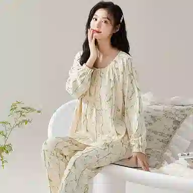 莫代尔 柔软轻盈青春透气简约微弹亲肤长袖长裤可外穿家居服睡衣套装 女款 杏色