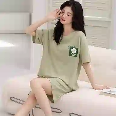莫代尔 可外穿休闲时尚亲肤微弹圆领短袖春夏季睡衣套装 女款 绿色