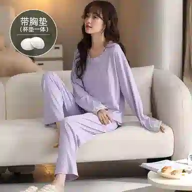 莫代尔 舒适柔软亲肤带胸垫不凸点圆领甜美卡通长袖长裤家居服可外穿睡衣套装 女 薰衣草淡紫