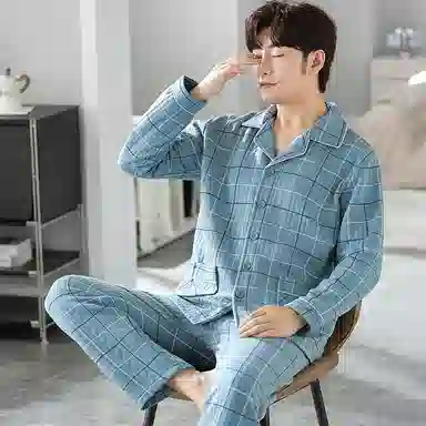 莫代尔 柔软不臃肿亲肤蓄热防寒长袖长裤秋冬季睡衣套装 男款 青色