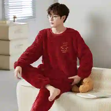 莫代尔 保暖储温蓄热防寒亲肤舒适长袖长裤套头圆领家居服可外穿睡衣套装 女款 红色