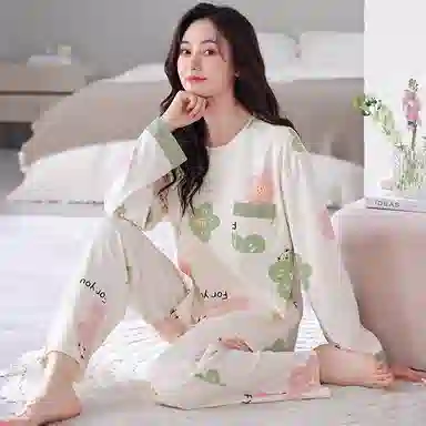 莫代尔 圆领长袖长裤小清新俏皮甜美亲肤柔软细腻轻薄透气春秋季睡衣套装 女款 白色