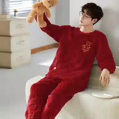 莫代尔 保暖储温蓄热防寒亲肤舒适长袖长裤套头圆领家居服可外穿睡衣套装 女款 红色