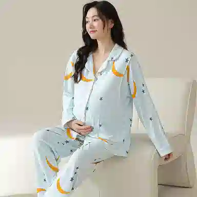 莫代尔 简约风舒适轻薄柔软温柔透气亲肤吸湿排汗翻领开衫长袖长裤家居服可外穿睡衣套装 女款 浅蓝色