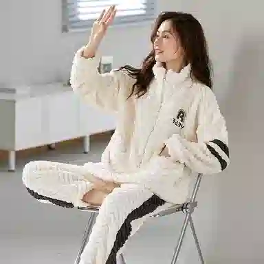 莫代尔 加厚柔软亲肤舒适保暖长袖长裤不勒腹可居家休闲可外穿睡衣套装 女款 杏色