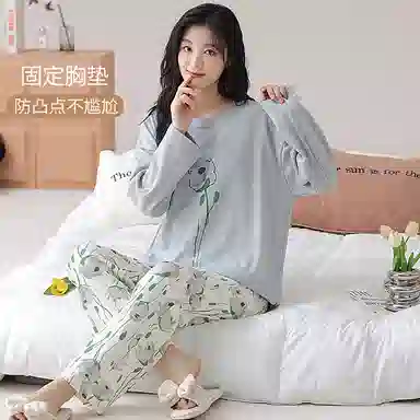 莫代尔 小清新长袖长裤带胸垫简约时尚柔软舒适透气居家可外穿睡衣套装 女款 图色