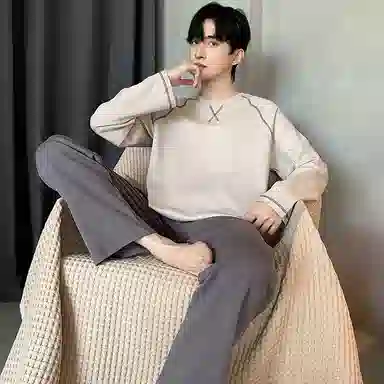 莫代尔 亲肤舒适长袖长裤套头圆领可外穿简约时尚素色睡衣套装 男款 卡其色