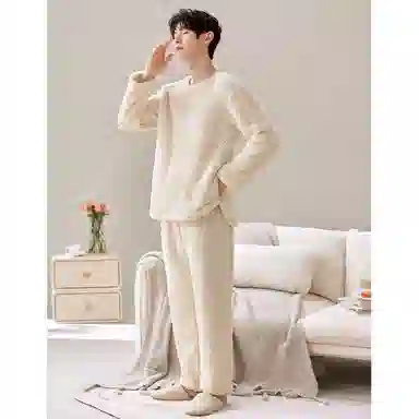 莫代尔 时尚套头圆领长袖长裤保暖亲肤舒适家居服可外穿睡衣套装 男女同款 杏色
