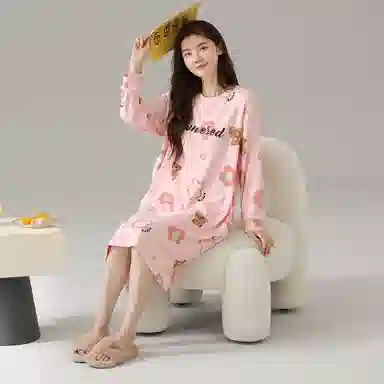 莫代尔 纯棉透气轻盈耐磨亲肤微弹吸湿排汗柔软细腻舒适可居家休闲可外穿长袖睡裙 女款 淡粉色