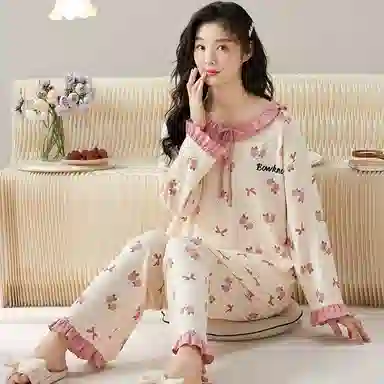 莫代尔 柔软显瘦轻盈简约亲肤韩版长袖长裤可外穿家居服睡衣套装 女款 杏色