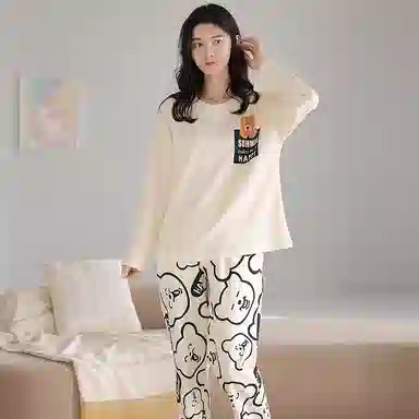 莫代尔 舒适柔软微弹透气吸湿亲肤耐磨长袖长裤不勒腹可居家休闲可外穿睡衣套装 女款 杏色