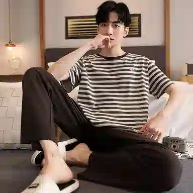 莫代尔 耐磨舒适圆领柔软亲肤透气无束缚短袖长裤可外穿家居服睡衣套装 男款 深灰色