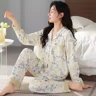 莫代尔 小清新时尚亲肤透气细腻柔软舒适开衫翻领长袖可外穿春秋季睡衣套装 女款 杏色