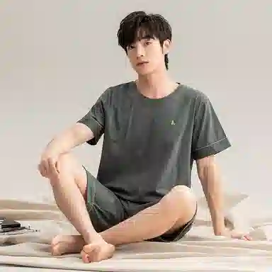 莫代尔 薄款抗菌防螨套头短袖五分裤家居服可外穿舒适简约睡衣套装 男款 橄榄绿