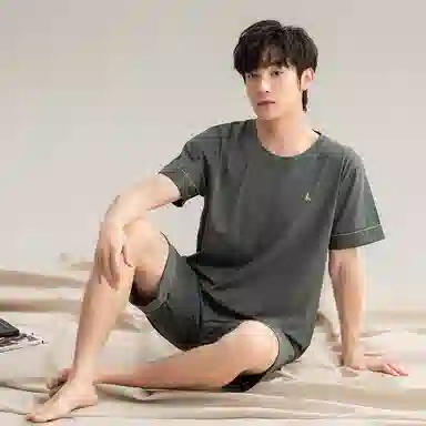 莫代尔 薄款抗菌防螨套头短袖五分裤家居服可外穿舒适简约睡衣套装 男款 橄榄绿