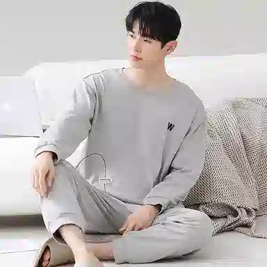 莫代尔 轻盈吸湿排汗舒适亲肤耐磨柔软微弹透气可居家休闲可外穿长袖长裤睡衣套装 男款 浅灰色