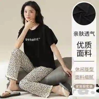 莫代尔 时尚宽松百搭圆领套头轻盈透气休闲不易起球短袖长裤可外穿夏季睡衣套装 女款 黑色