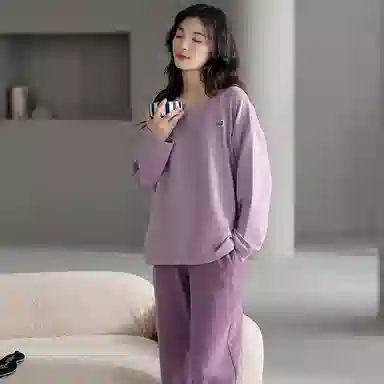 莫代尔 德绒轻盈吸湿排汗保暖舒适亲肤细腻柔软微弹耐磨长袖长裤居家休闲可外穿睡衣套装 女款 灰紫色