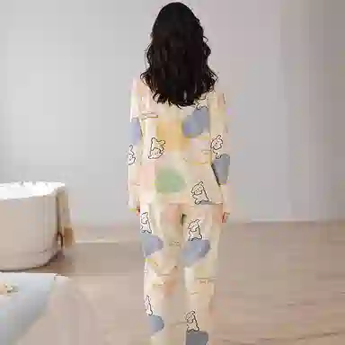 莫代尔 柔软舒适细腻微弹带胸垫防凸点透气吸湿亲肤耐磨长袖长裤不勒腹可居家休闲可外穿睡衣套装 女款 杏色