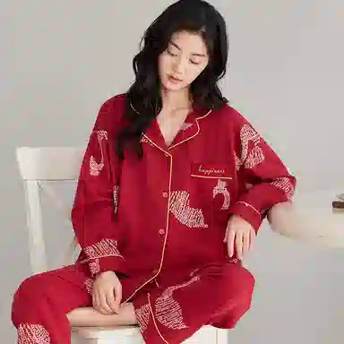 莫代尔 简约亲肤舒适时尚开衫长袖长裤家居服可外穿睡衣套装 男女同款 红色