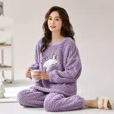 莫代尔 加厚柔软舒适细腻长袖长裤可外穿睡衣套装 女款 淡紫色