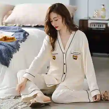 莫代尔 纯棉细腻纽扣不伤手舒适亲肤柔软透气微弹开衫长袖松紧裤腰不勒腹长裤居家休闲可外穿睡衣套装 女款 杏色