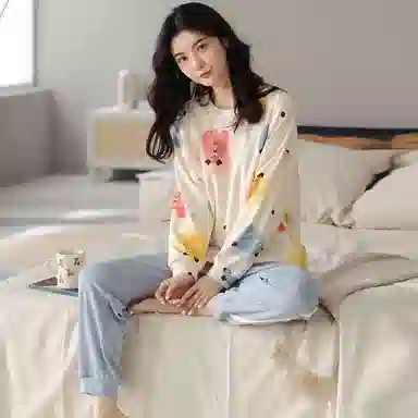 莫代尔 纯棉微弹吸湿排汗耐磨细腻舒适透气柔软亲肤轻盈可居家休闲可外穿长袖睡衣套装 女款 杏色