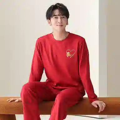 莫代尔 喜庆时尚潮流柔软青春轻薄亲肤舒适套头长袖长裤可外穿睡衣套装 男款 红色