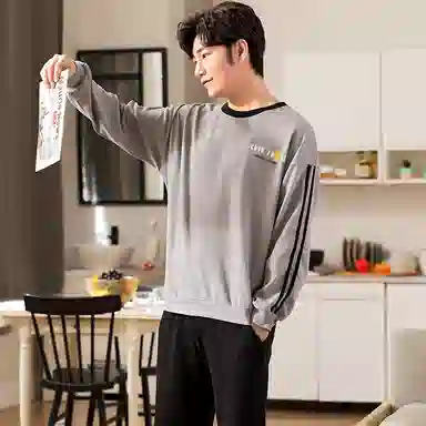 莫代尔 经典简约时尚气质保暖轻柔亲肤舒适圆领有口袋长袖长裤时尚可穿睡衣套装 男款 灰色