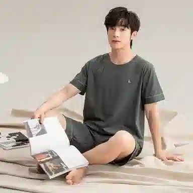 莫代尔 薄款抗菌防螨套头短袖五分裤家居服可外穿舒适简约睡衣套装 男款 橄榄绿