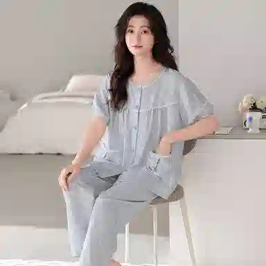 莫代尔 显瘦韩版时尚圆领开衫舒适柔软简约休闲个性大方无束缚短袖长裤家居服可外穿睡衣套装 女款