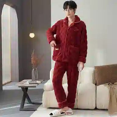 莫代尔 保暖亲肤舒适蓄热透气简约时尚家居服长袖长裤可外穿不臃肿开衫睡衣套装 男女同款 红色