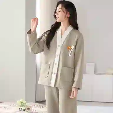 莫代尔 小清新保暖防寒透气舒适亲肤开衫长袖长裤家居服睡衣套装 女款 橄榄色