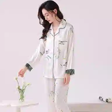 莫代尔 时尚舒适柔软亲肤长袖长裤翻领韩版甜美轻盈时尚家居服可外穿耐磨睡衣套装 女款 白色