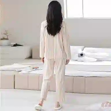 莫代尔 简约亲肤舒适长袖长裤甜美时尚翻领家居服可外穿家居服睡衣套装 女款 杏色