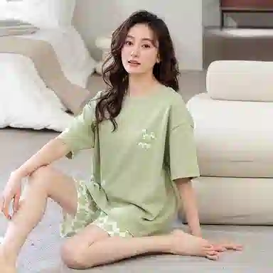 莫代尔 薄款卡通兔韩版时尚满印花千鸟格格仔裤甜美少女睡衣套装 女款 黄绿色