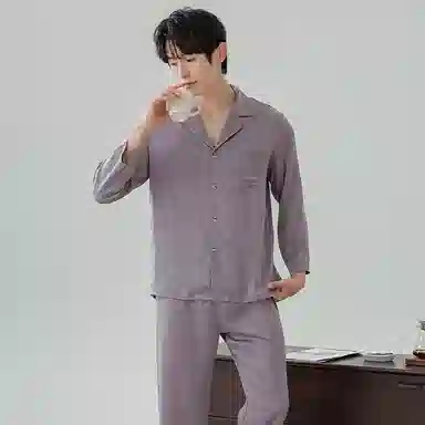 莫代尔 休闲个性翻领开衫简约时尚耐磨柔软细腻无束缚长袖长裤睡衣套装 男款 灰色