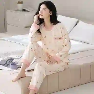 莫代尔 时尚印花清新满印舒适纯棉纯色亲肤套头松紧带长袖长裤居家休闲可外穿睡衣套装 女款 杏色