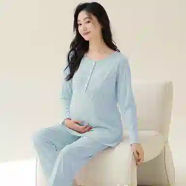 莫代尔 柔软舒适亲肤透气微弹耐磨自带可拆卸胸垫防凸点月子服长袖可调节裤腰不勒腹孕期哺乳期长裤秋冬季睡衣套装 女款 粉蓝色