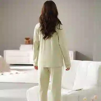 莫代尔 时尚舒适休闲纯色格纹居家翻领开衫长袖上衣双口袋松紧带长裤可外穿睡衣套装 女款 香槟色