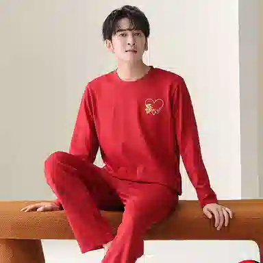 莫代尔 喜庆时尚潮流柔软青春轻薄亲肤舒适套头长袖长裤可外穿睡衣套装 男款 红色