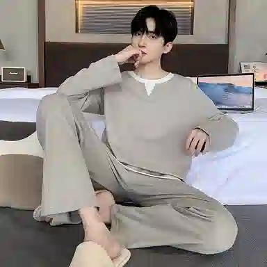 莫代尔 亲肤舒适套头圆领长袖家居服可外穿长裤睡衣套装 男款 卡其色