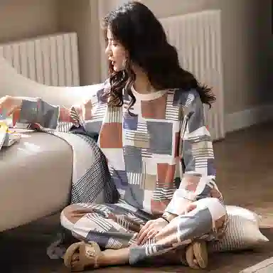 莫代尔 简约花色亲肤柔软微弹吸湿排汗宽松舒适细腻透气长袖长裤可居家休闲可外穿睡衣套装 女 白色