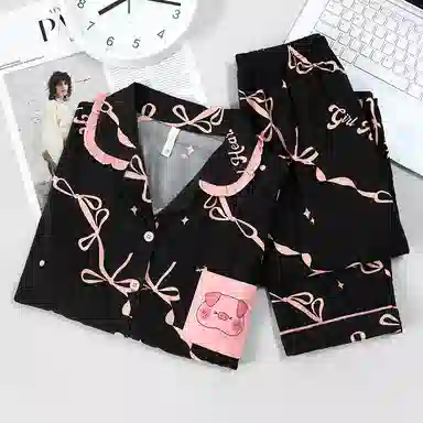 莫代尔 舒适休闲可爱卡通翻领开衫个性大方百搭长袖可外穿春秋季睡衣套装 女款 粉色