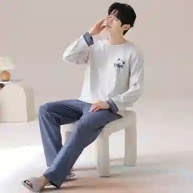 莫代尔 韩版时尚圆领套头长袖长裤简约亲肤舒适家居服可外穿睡衣套装 男女同款